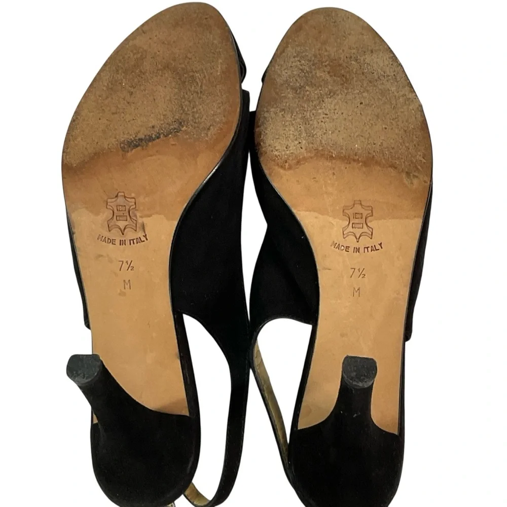 Ellen Tracy Black Suede Peep Toe Slingback Heeled Leather Sole Sandals Size 7.5
